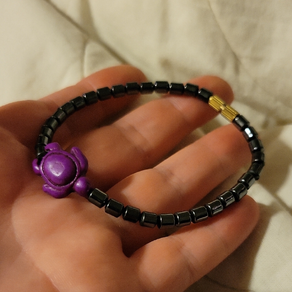 Hematite Beaded Bracelet with Purple Turtle Accent • Barrel Clasp Jewelry Unisex
